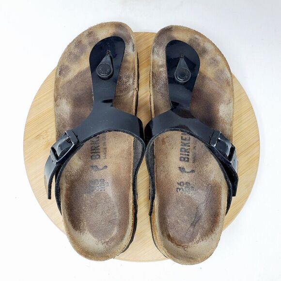 Birkenstock Gizeh Sandals 36 Womens 5 Black Thong Buckle Straps Distressed - Picture 10 of 12